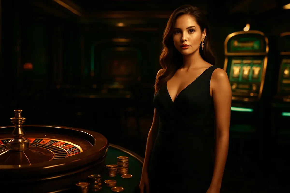 Confident woman in evening dress near roulette and slot machines in luxury Bangladeshi casino with neon green and gold accents