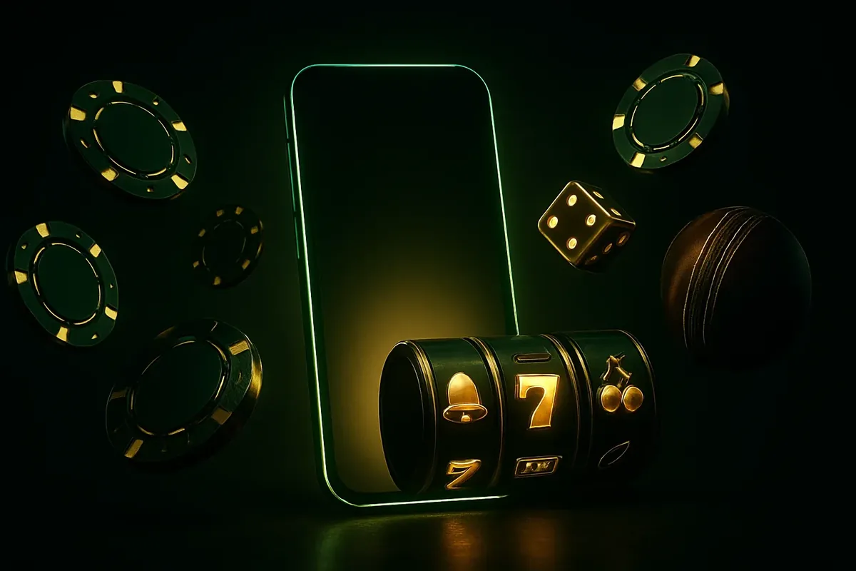 Glowing smartphone with floating casino chips, slot reels, dice, and cricket ball on dark luxurious background